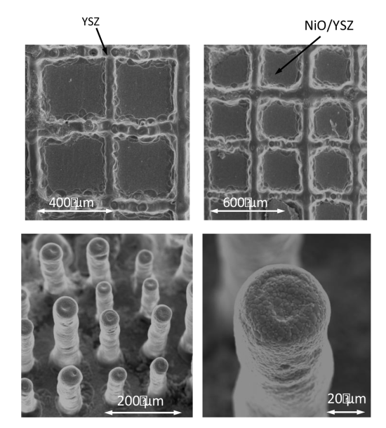 Figure 4. Yttria-stabilised zirconia (YSZ) square scaffold (top) and pillars (bottom) fabricated by 3D inkjet printing.