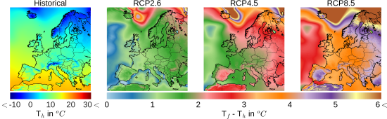Spatial distributions of the 20 year average temperatures over the EURO-CORDEX domain extracted from the regional climate model HIRHAM5 downscaling the global climate model ICHEC-EC-EARTH. Historical period ranges between 1986-2006 and RCP periods ranges from 2080-2100.