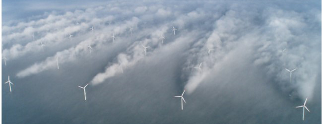 Aerial view of turbines showing air turbulence