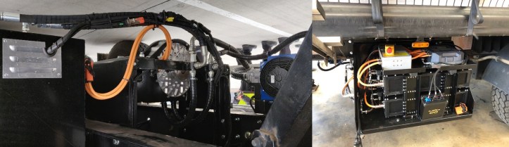 Photographs of the retro-fitted kinetic energy recovery system: the motor/generator (left) and the ultra-capacitors with the electronic control unit and high-voltage modules (right).