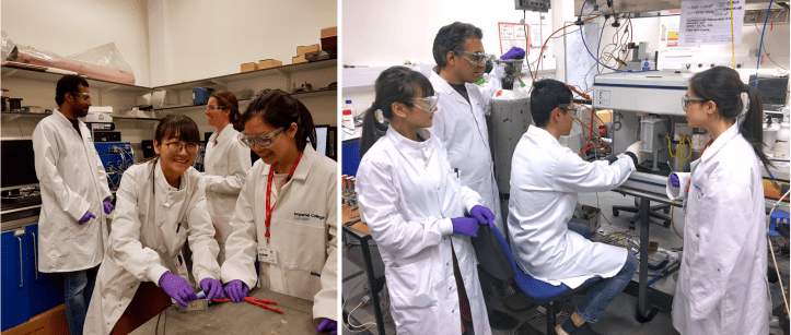 Figure 4. Photographs of the PCM used as thermal management method on batteries: the second life battery (left) and characterization of catalytic materials for SOFC (right).